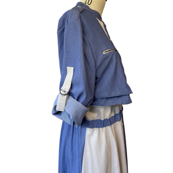 JUMP EUC Lightweight Blue Denim and Creamy Gray Utility Style Colorblock Dress - Picture 7 of 12
